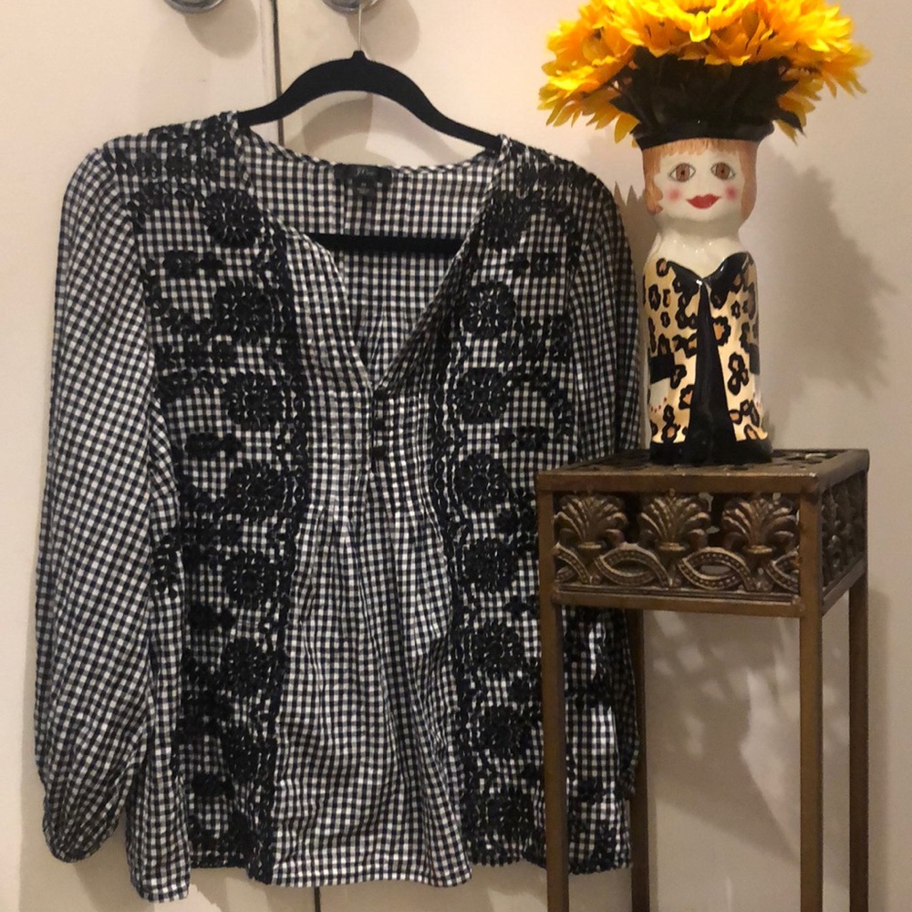 J crew BoHo top. Black and white checks.  Freshly laundered. Size M